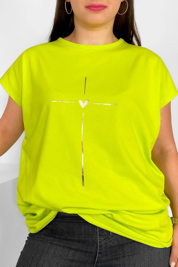 Nietoperz T-shirt damski plus size w kolorze limonkowym złoty nadruk serduszko Tix