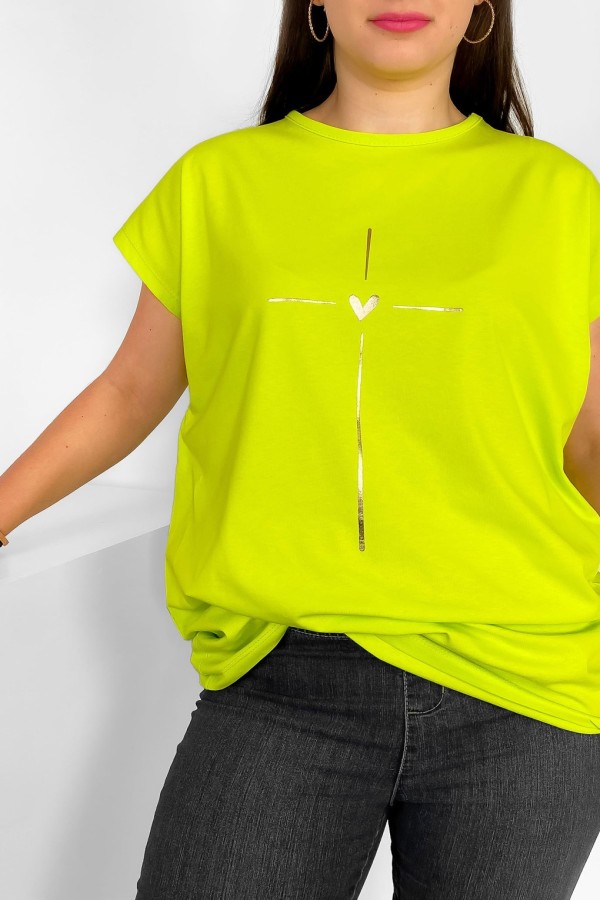 Nietoperz T-shirt damski plus size w kolorze limonkowym złoty nadruk serduszko Tix 1