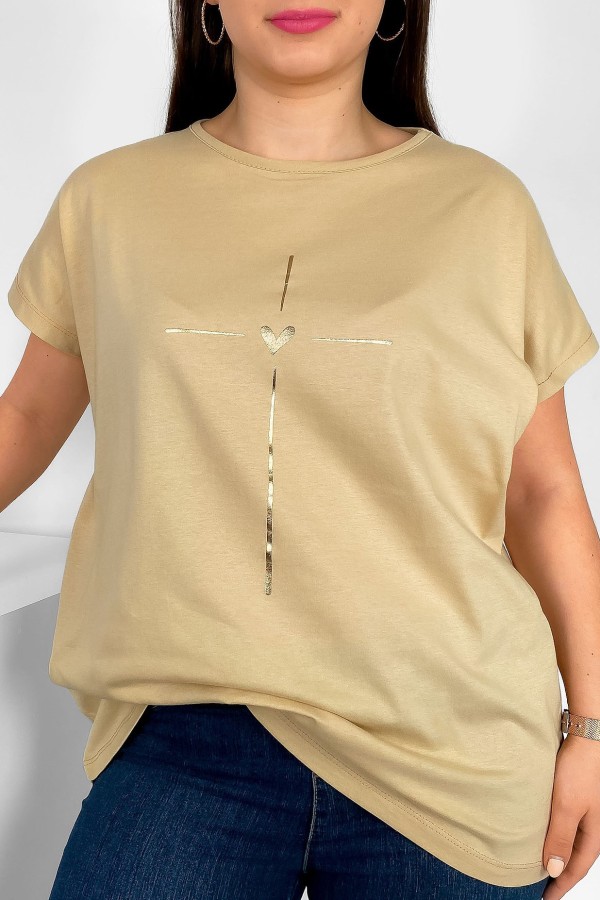 Nietoperz T-shirt damski plus size w kolorze beżu latte złoty nadruk serduszko Tix