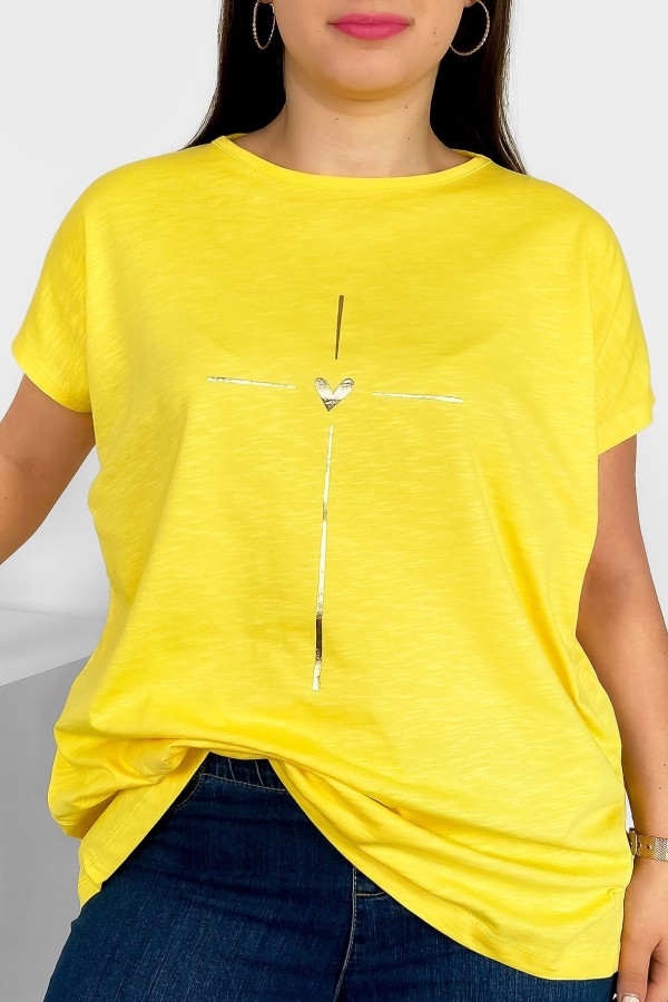 Nietoperz T-shirt damski plus size w kolorze żółtym złoty nadruk serduszko Tix