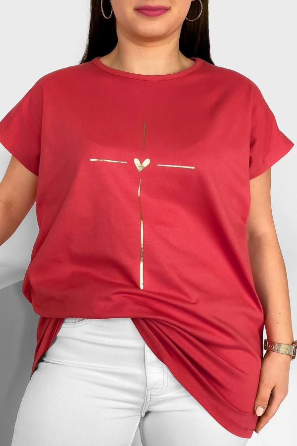 Nietoperz T-shirt damski plus size w kolorze truskawkowym złoty nadruk serduszko Tix