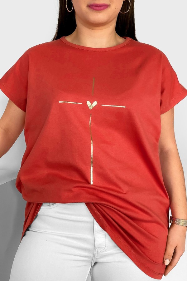 Nietoperz T-shirt damski plus size w kolorze ceglastej czerwieni złoty nadruk serduszko Tix