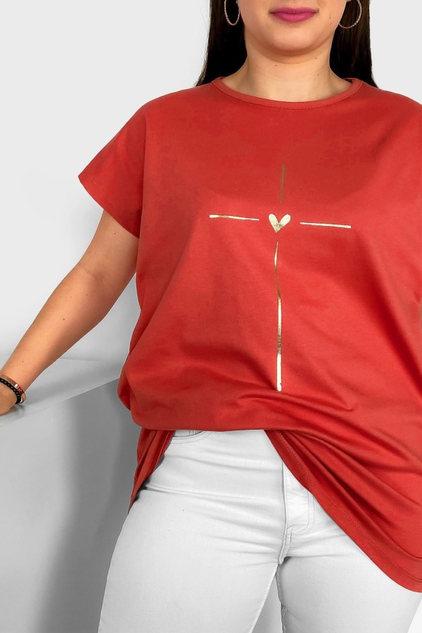 Nietoperz T-shirt damski plus size w kolorze ceglastej czerwieni złoty nadruk serduszko Tix 1