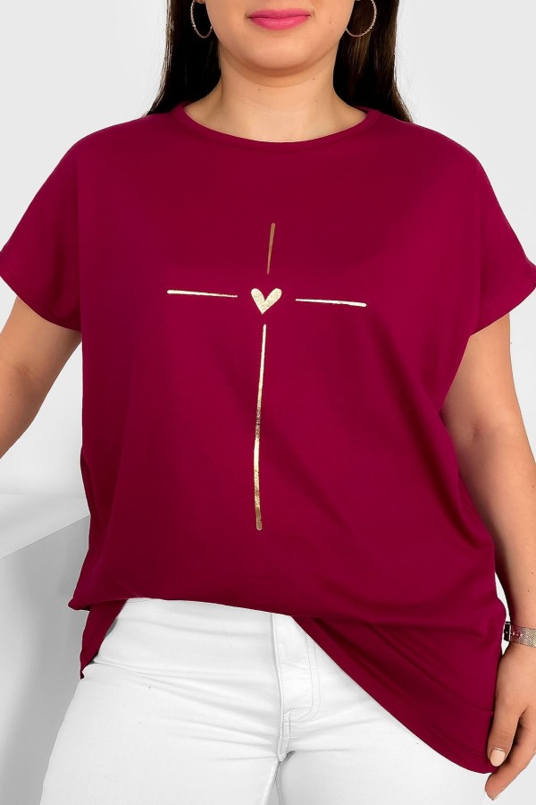 Nietoperz T-shirt damski plus size w kolorze burgundowym złoty nadruk serduszko Tix