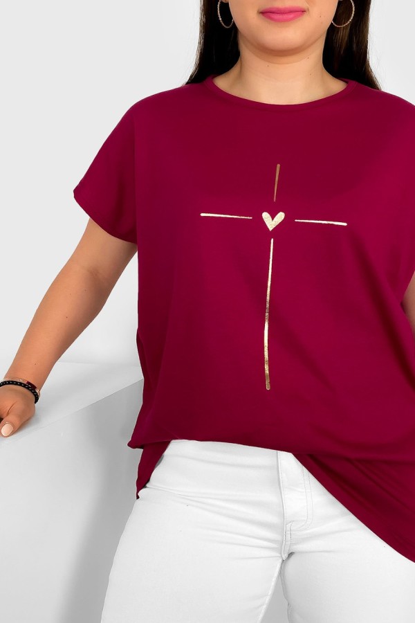 Nietoperz T-shirt damski plus size w kolorze burgundowym złoty nadruk serduszko Tix 1