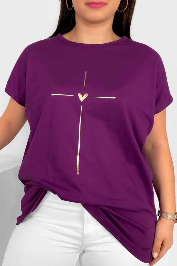 Nietoperz T-shirt damski plus size w kolorze fioletowym złoty nadruk serduszko Tix