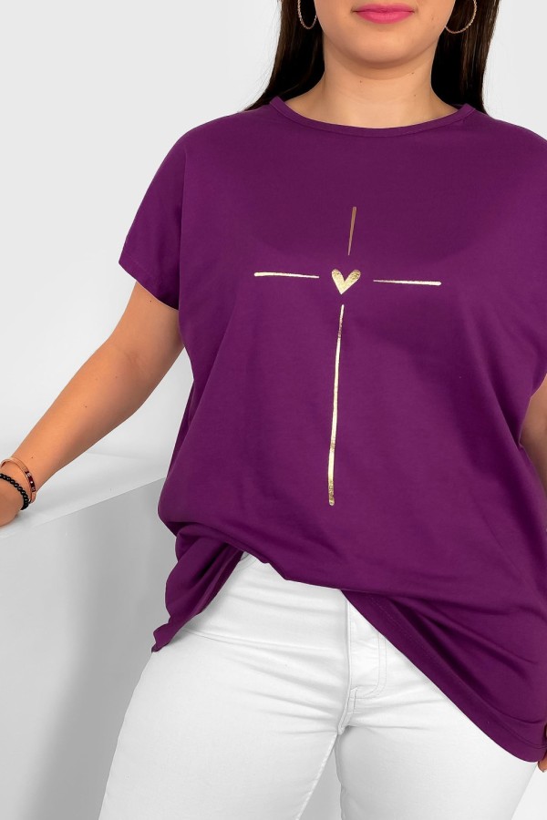 Nietoperz T-shirt damski plus size w kolorze fioletowym złoty nadruk serduszko Tix 1
