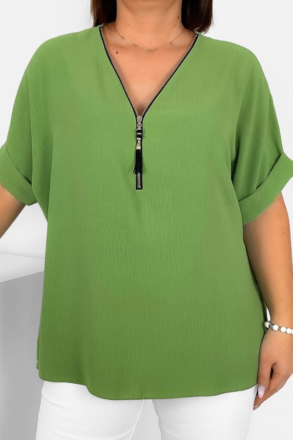 Elegancka bluzka koszula krótki rękaw w kolorze oliwkowym dekolt zamek ZIP STEFANA