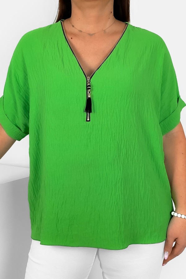 Elegancka bluzka koszula krótki rękaw w kolorze zielonym dekolt zamek ZIP STEFANA