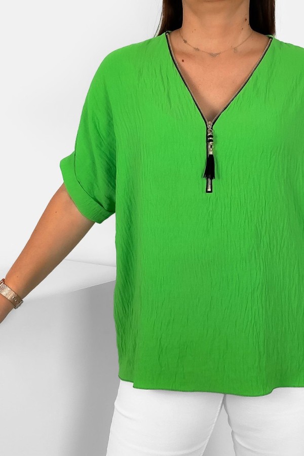Elegancka bluzka koszula krótki rękaw w kolorze zielonym dekolt zamek ZIP STEFANA 1