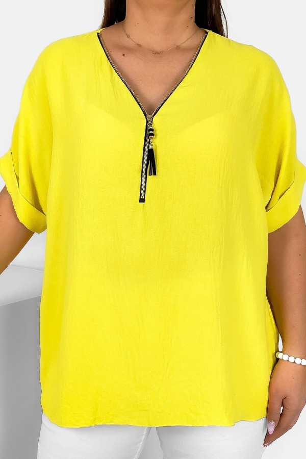 Elegancka bluzka koszula krótki rękaw w kolorze żółtym dekolt zamek ZIP STEFANA