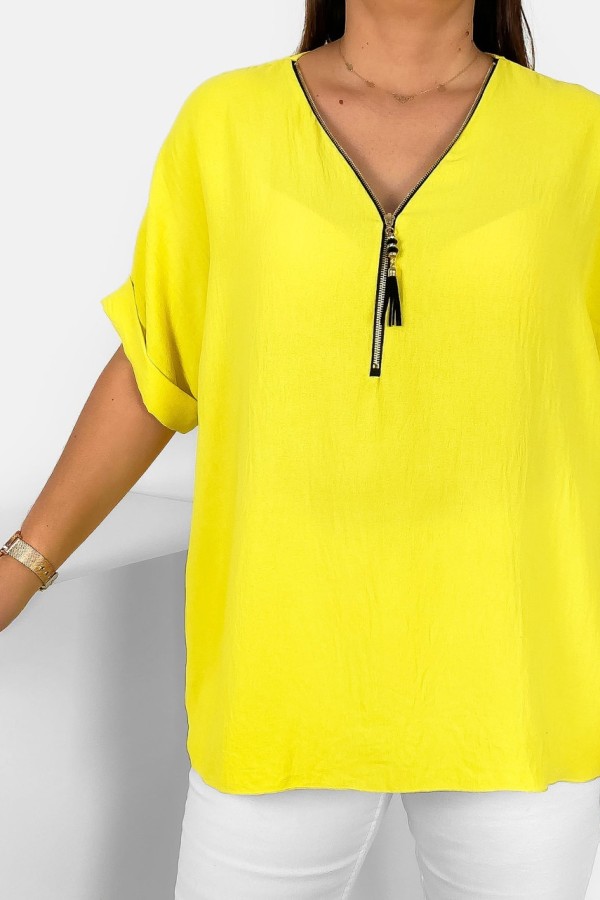 Elegancka bluzka koszula krótki rękaw w kolorze żółtym dekolt zamek ZIP STEFANA 1