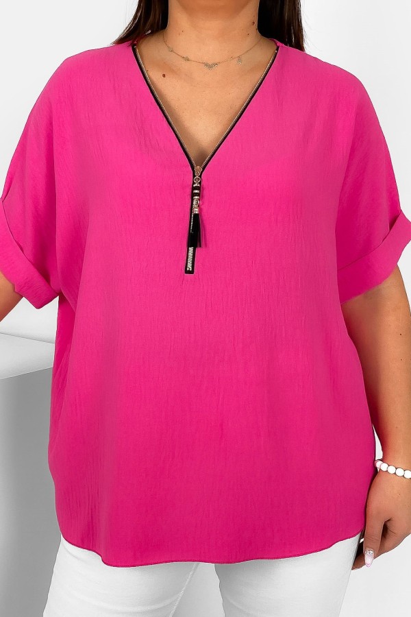 Elegancka bluzka koszula krótki rękaw w kolorze różowym dekolt zamek ZIP STEFANA