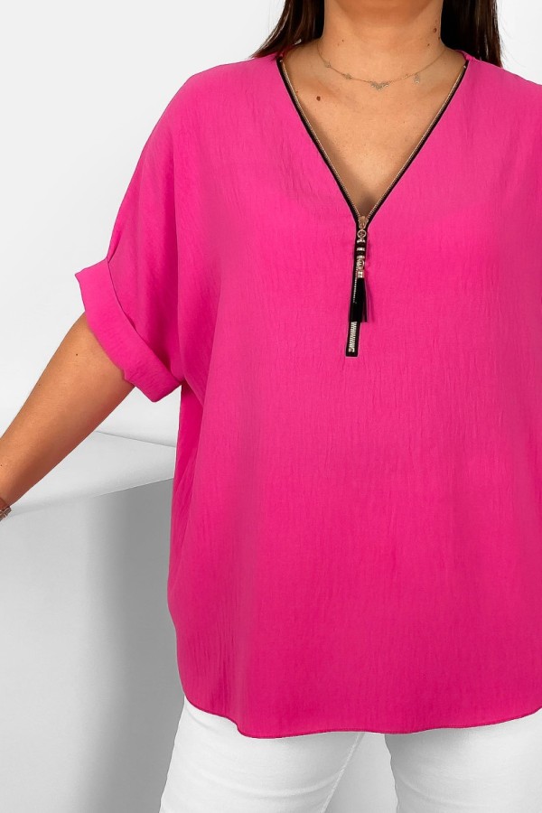 Elegancka bluzka koszula krótki rękaw w kolorze różowym dekolt zamek ZIP STEFANA 1