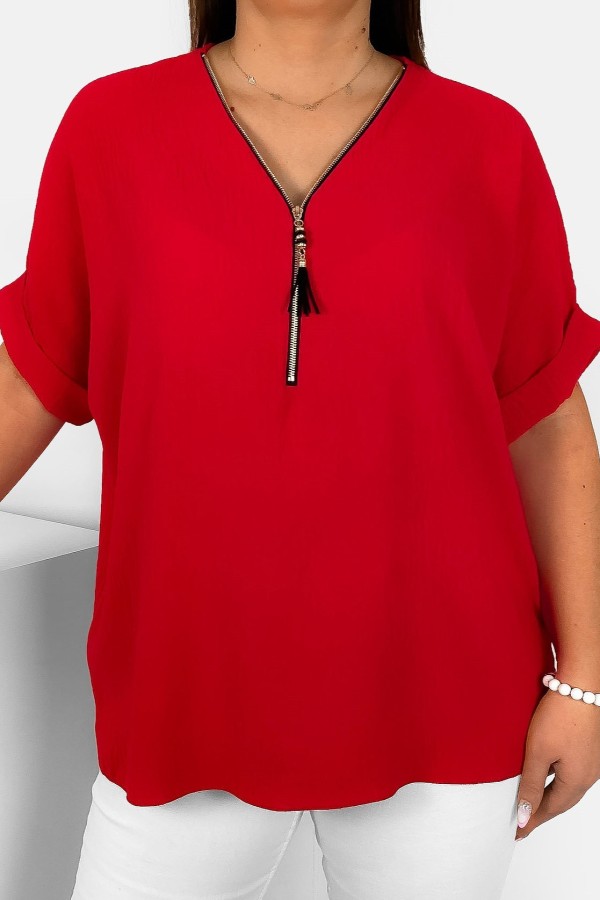 Elegancka bluzka koszula krótki rękaw w kolorze czerwonym dekolt zamek ZIP STEFANA