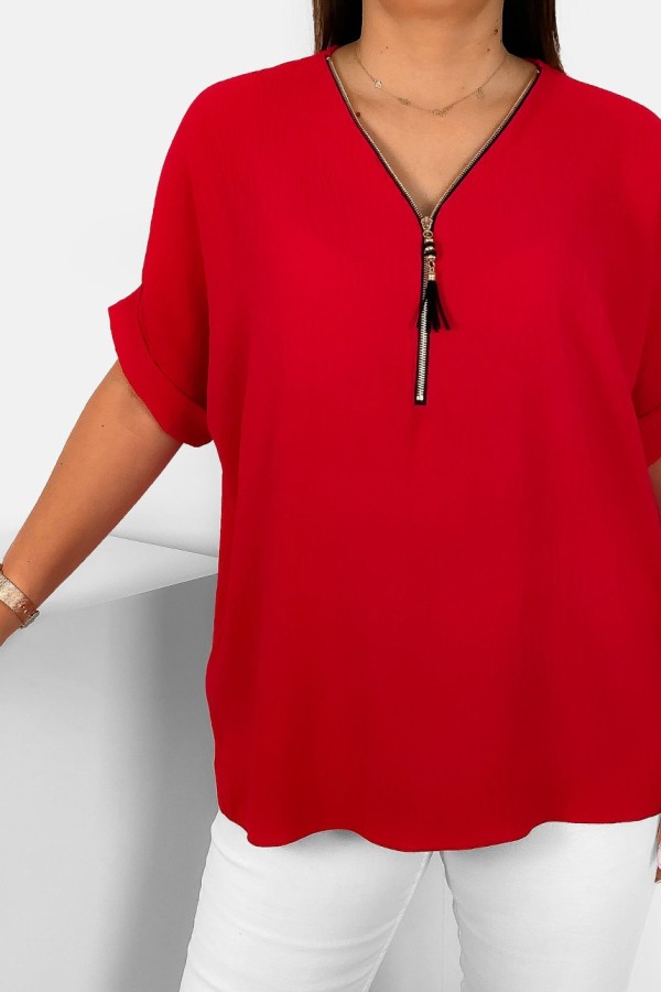Elegancka bluzka koszula krótki rękaw w kolorze czerwonym dekolt zamek ZIP STEFANA 1