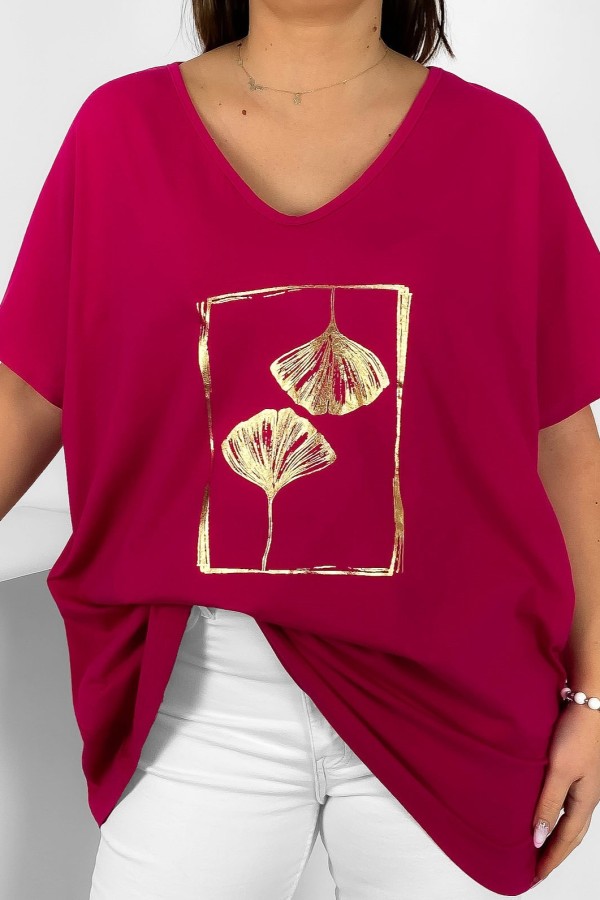 Bluzka damska plus size w kolorze malinowym złoty nadruk liście w ramce