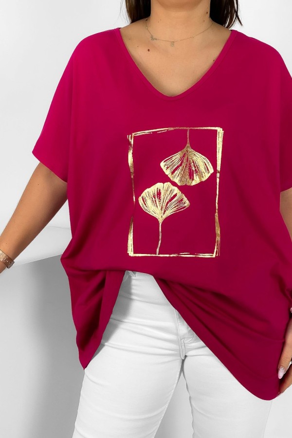 Bluzka damska plus size w kolorze malinowym złoty nadruk liście w ramce 1