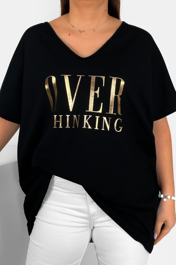 Bluzka damska plus size w kolorze czarnym złote napisy Overthinking
