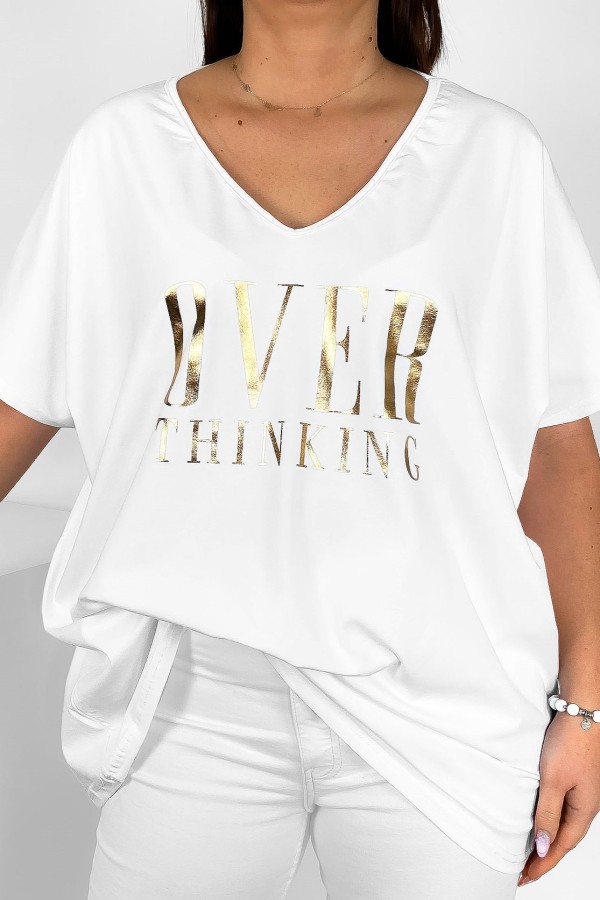 Bluzka damska plus size w kolorze białym złote napisy Overthinking