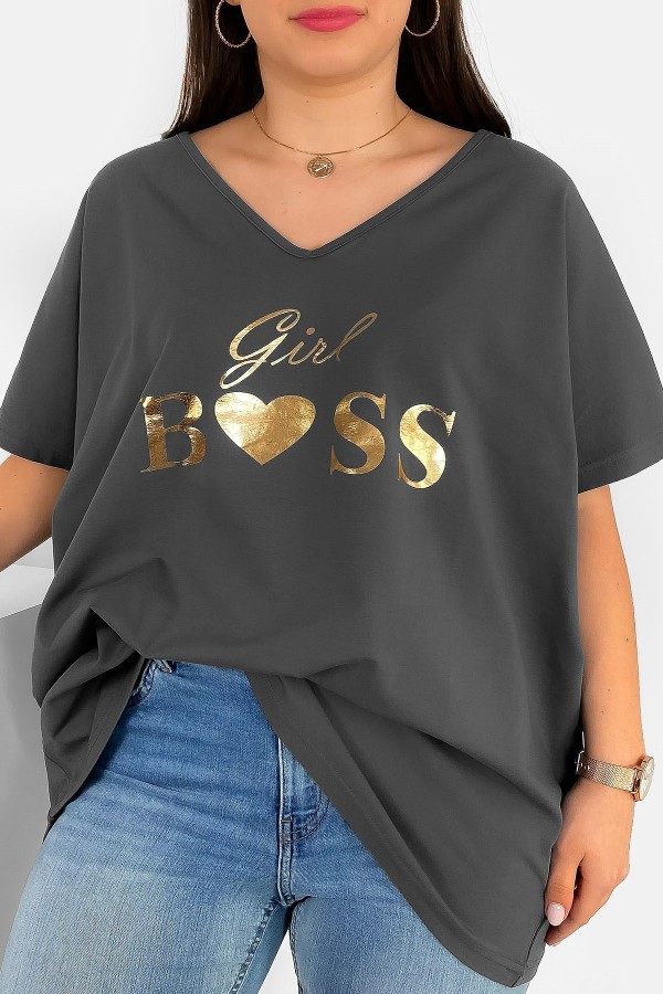 Bluzka damska plus size w kolorze grafitowym złoty nadruk Girl Boss
