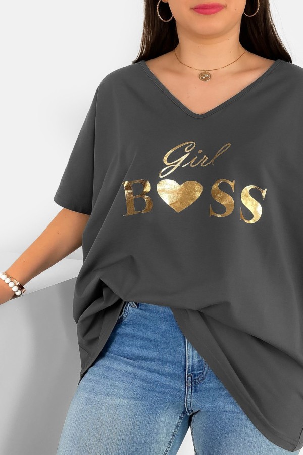 Bluzka damska plus size w kolorze grafitowym złoty nadruk Girl Boss 1