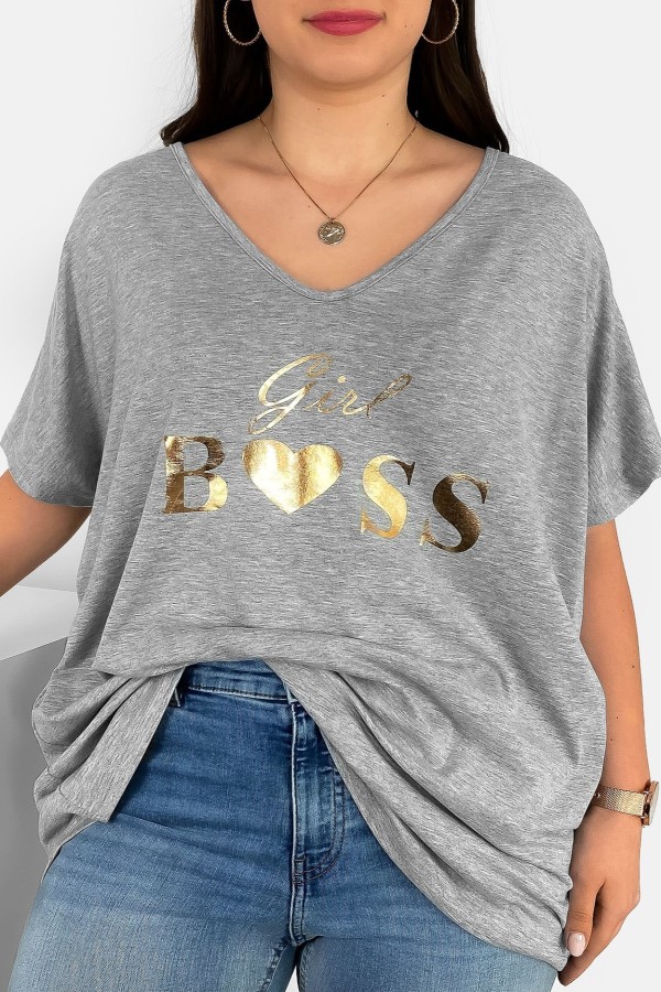 Bluzka damska plus size w kolorze szarego melanżu złoty nadruk Girl Boss