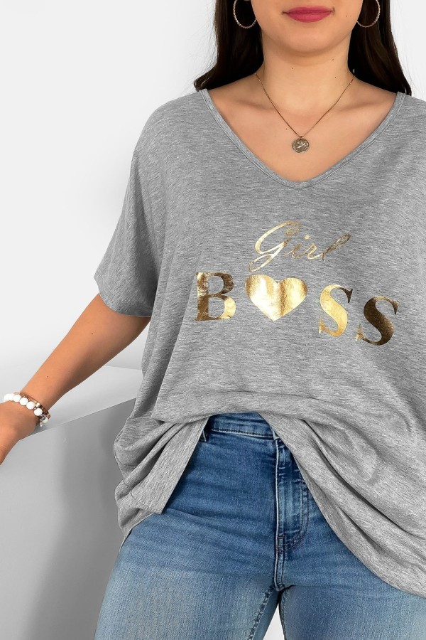 Bluzka damska plus size w kolorze szarego melanżu złoty nadruk Girl Boss 1