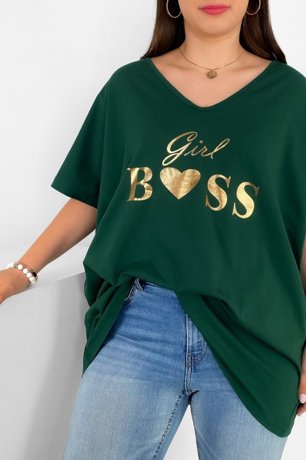 Bluzka damska plus size w kolorze butelkowej zieleni złoty nadruk Girl Boss 1