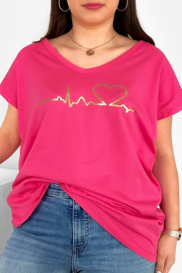 T-shirt damski plus size nietoperz różowy V-neck print linia życia Riyo
