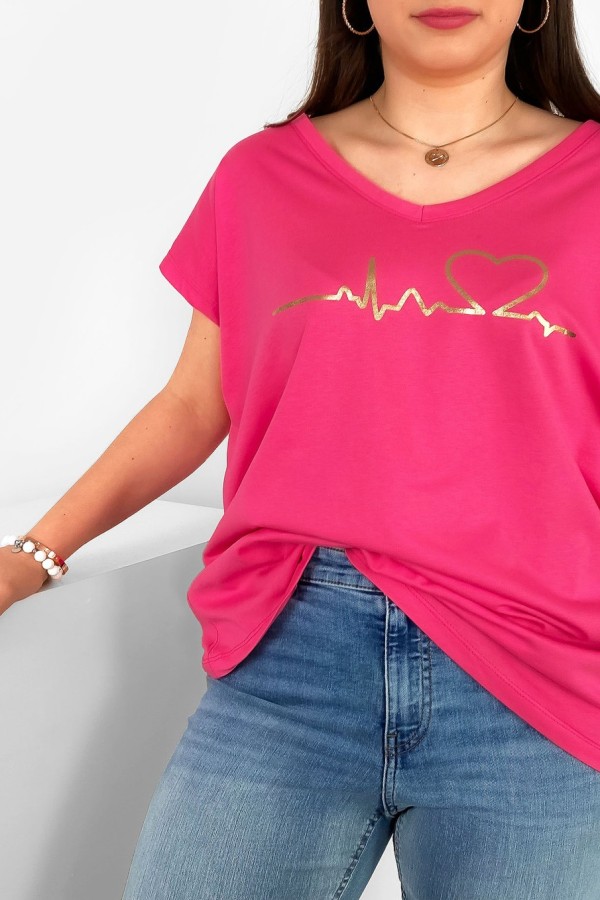 T-shirt damski plus size nietoperz różowy V-neck print linia życia Riyo 1