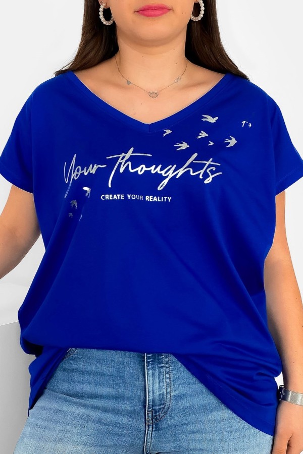 T-shirt damski plus size nietoperz kobaltowy V-neck print napisy Create Your Reality
