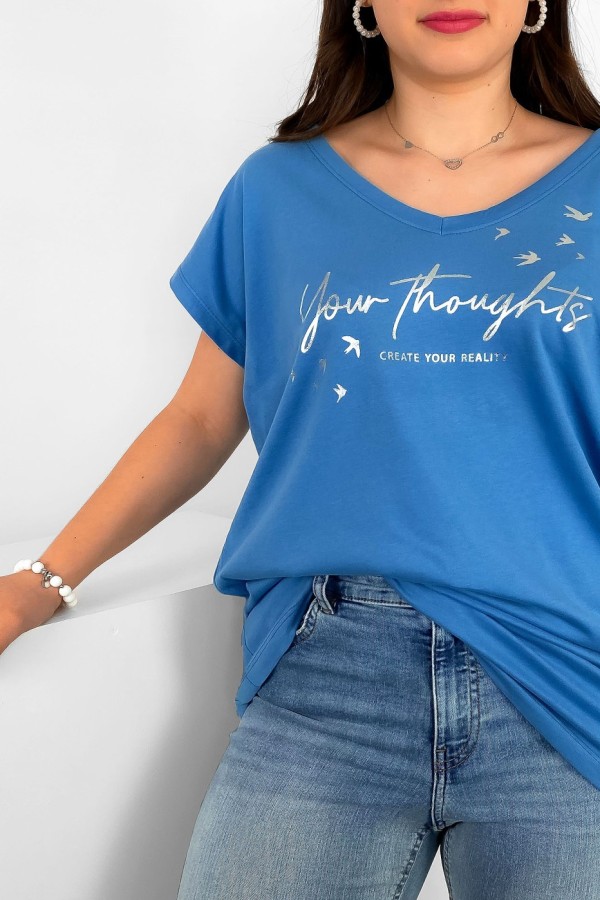 T-shirt damski plus size nietoperz niebieski V-neck print napisy Create Your Reality 1