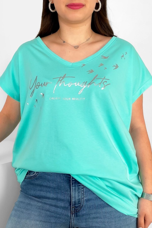 T-shirt damski plus size nietoperz tiffany V-neck print napisy Create Your Reality