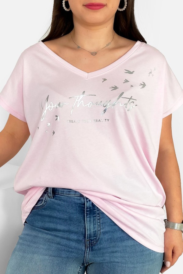 T-shirt damski plus size nietoperz baby pink V-neck print napisy Create Your Reality
