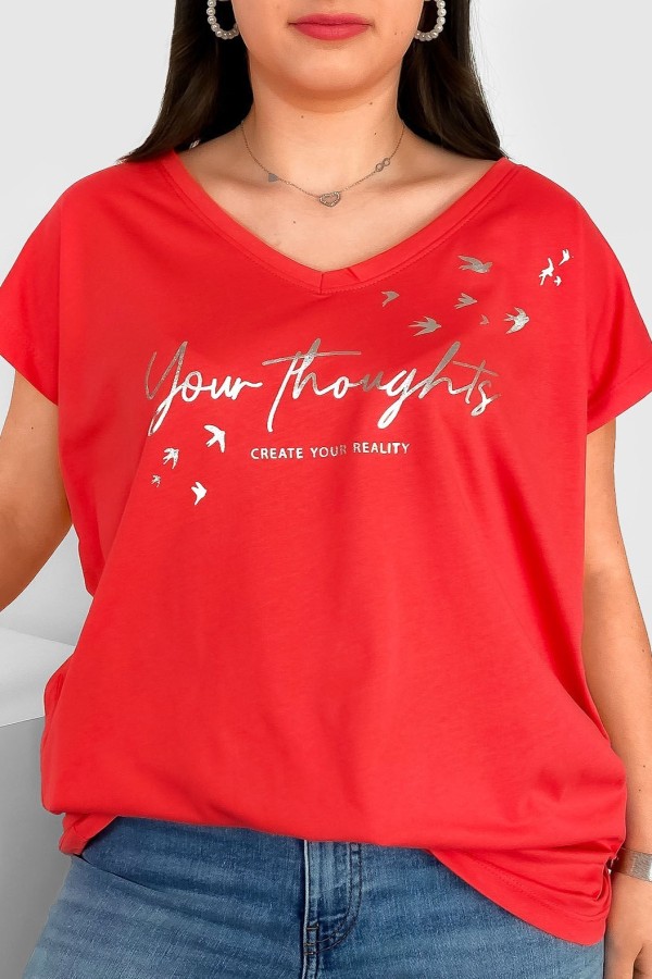 T-shirt damski plus size nietoperz koralowy V-neck print napisy Create Your Reality
