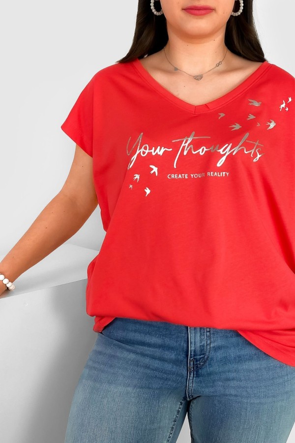 T-shirt damski plus size nietoperz koralowy V-neck print napisy Create Your Reality 1
