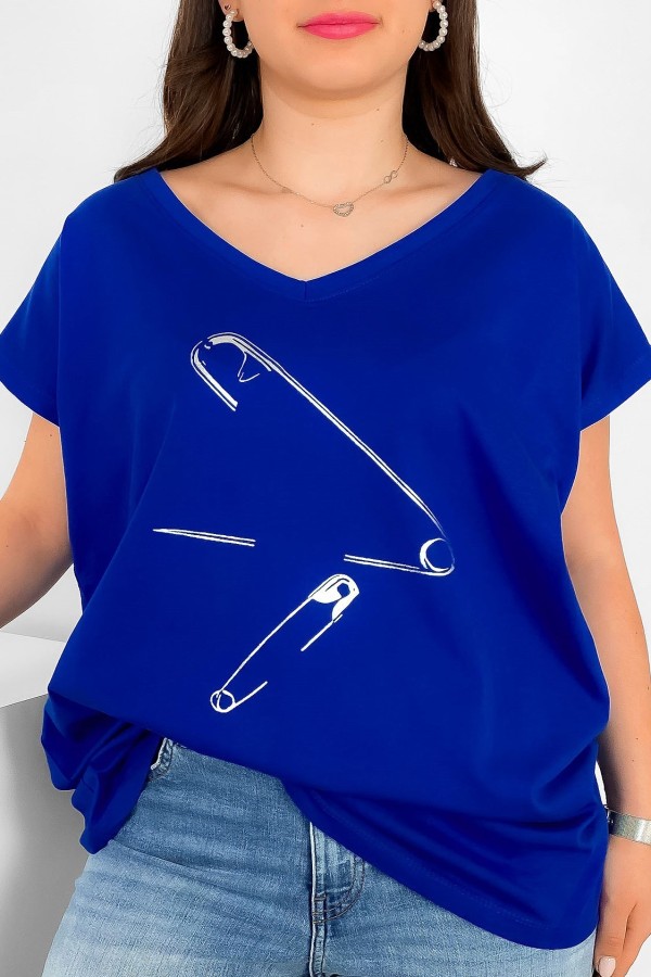 T-shirt damski plus size nietoperz dekolt w serek V-neck kobaltowy Agrafki