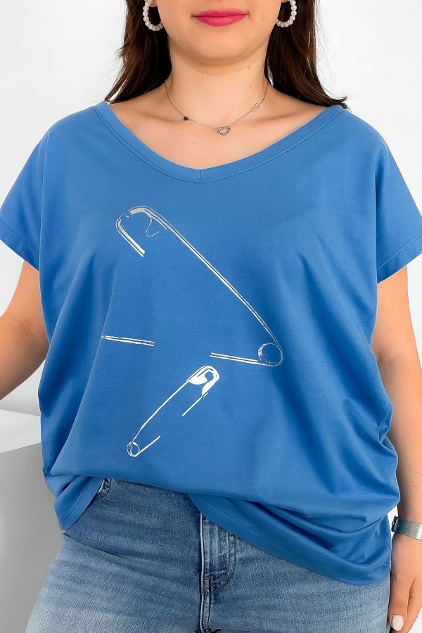 T-shirt damski plus size nietoperz dekolt w serek V-neck niebieski Agrafki