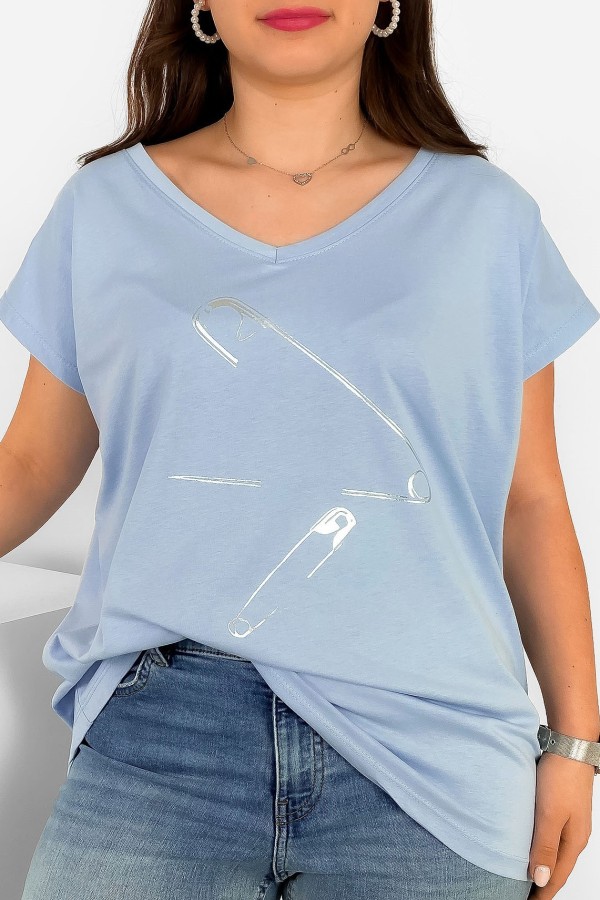 T-shirt damski plus size nietoperz dekolt w serek V-neck błękitny Agrafki