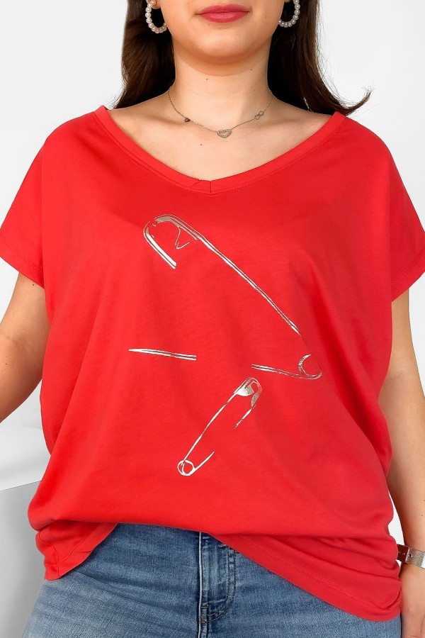 T-shirt damski plus size nietoperz dekolt w serek V-neck koralowy Agrafki