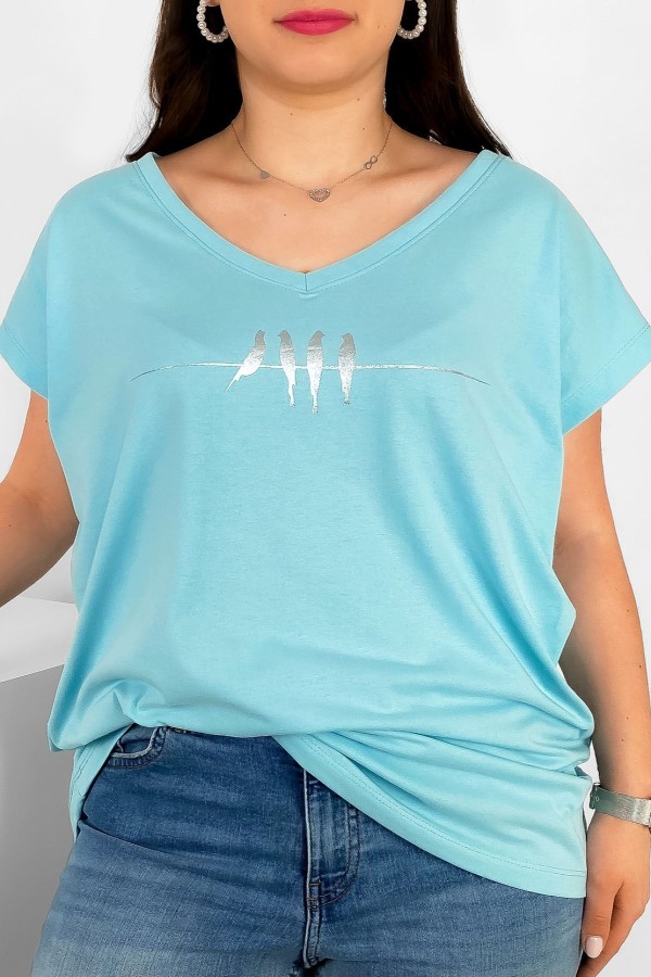 T-shirt damski plus size nietoperz dekolt w serek V-neck cyjanowy ptaki birds