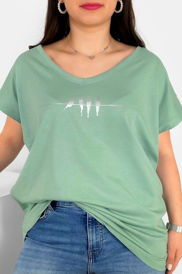 T-shirt damski plus size nietoperz dekolt w serek V-neck miętowy ptaki birds