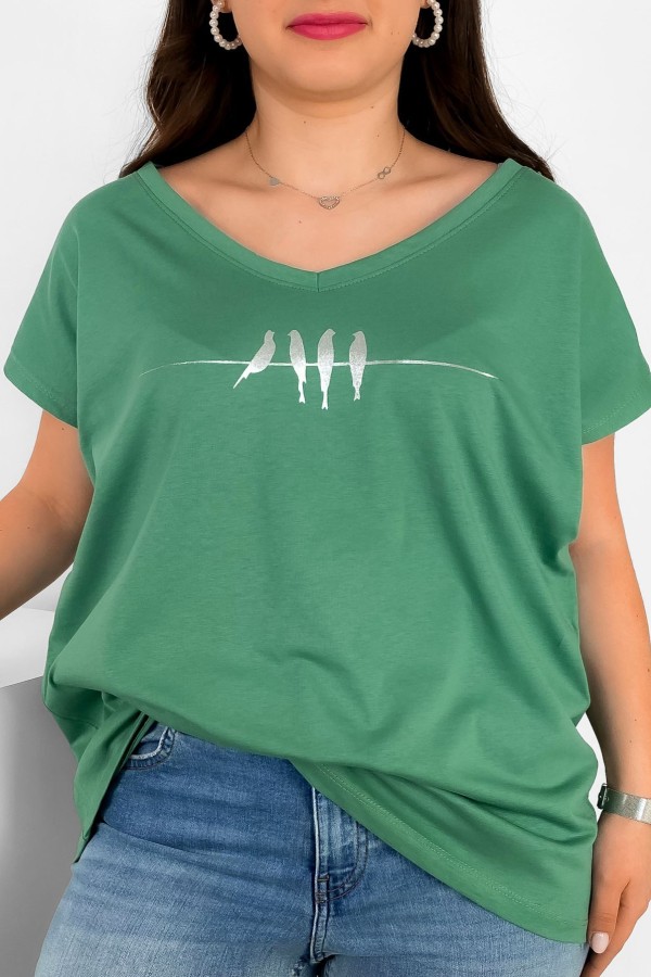 T-shirt damski plus size nietoperz dekolt w serek V-neck kaktusowy ptaki birds