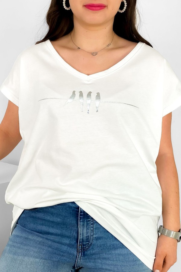T-shirt damski plus size nietoperz dekolt w serek V-neck ecru ptaki birds