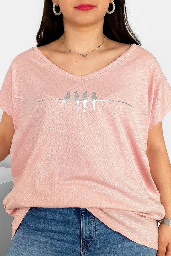 T-shirt damski plus size nietoperz dekolt w serek V-neck pudrowy melanż ptaki birds