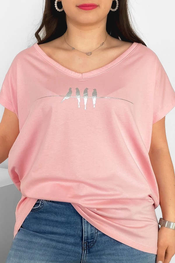 T-shirt damski plus size nietoperz dekolt w serek V-neck pudrowy ptaki birds