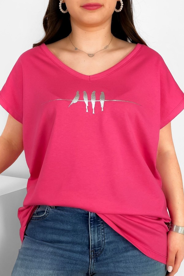 T-shirt damski plus size nietoperz dekolt w serek V-neck różowy ptaki birds