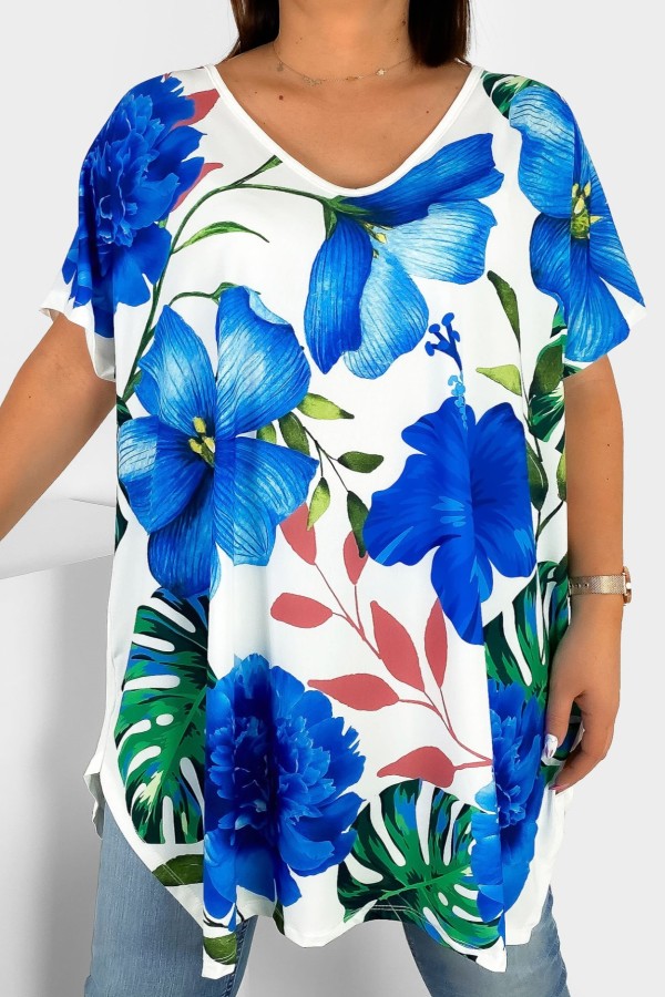 Tunika damska plus size nietoperz multikolor wzór niebieskie kwiaty Emilly