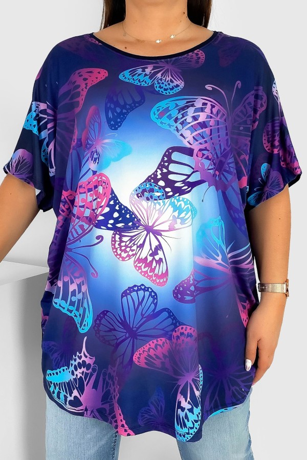 Tunika damska plus size nietoperz multikolor wzór fioletowy motyw motyli Emilly